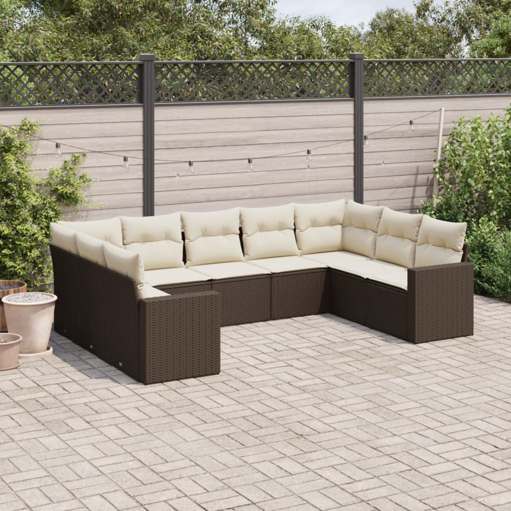 9 Pcs conjunto sofás p/ jardim c/ almofadões vime PE castanho