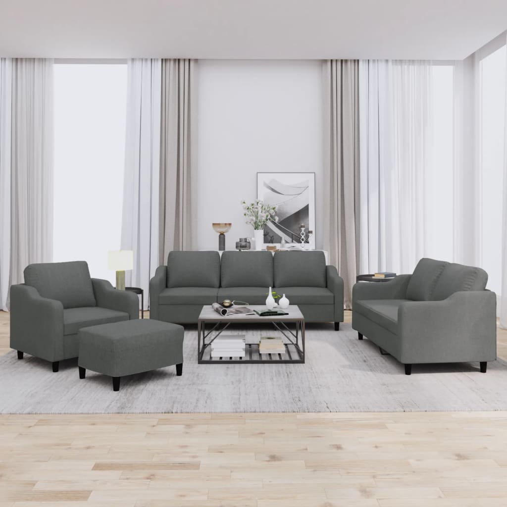 4 Pcs conjunto de sofás com almofadões tecido cinzento-escuro