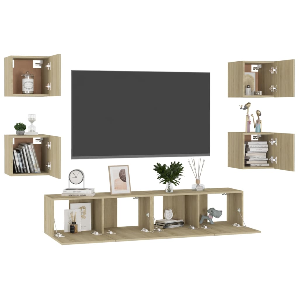 6Pcs conjunto de móveis de TV derivados madeira carvalho sonoma