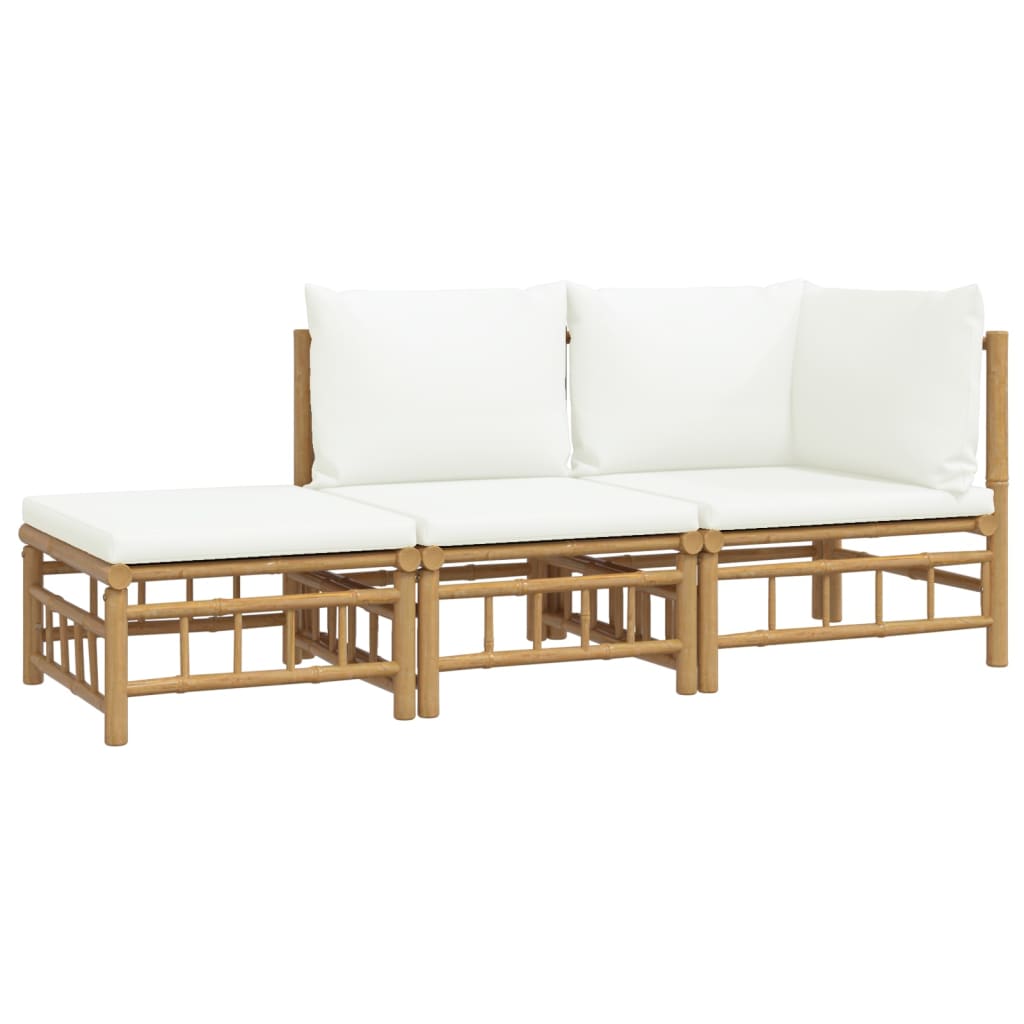 3 Pcs conjunto lounge de jardim bambu c/ almofadões branco nata