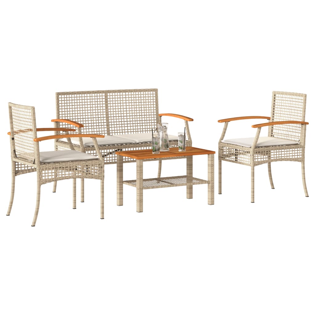 4 Pcs conjunto lounge de jardim c/ almofadões vime PE bege