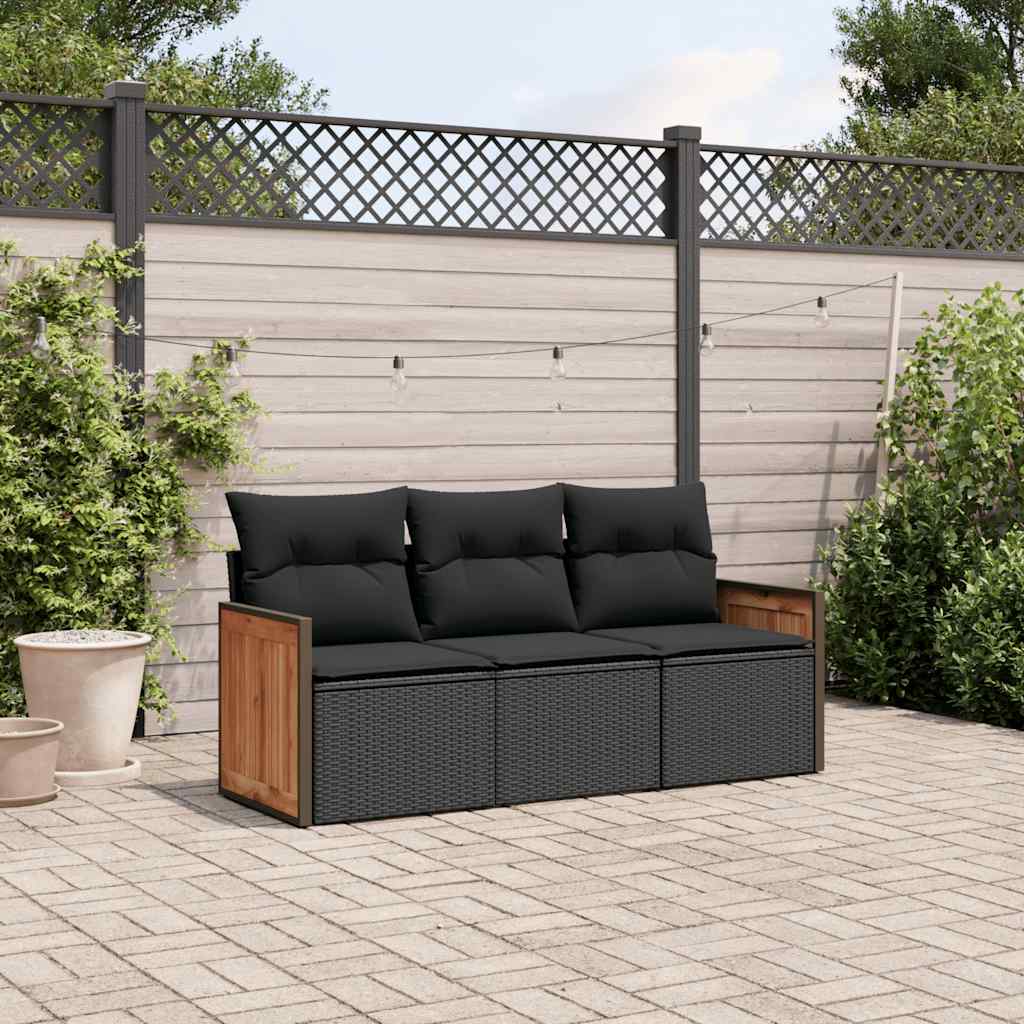 3 Pcs conjunto sofás de jardim com almofadões vime PE preto