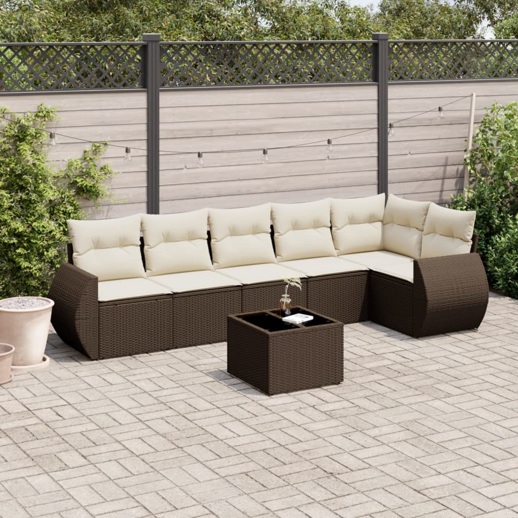 7 Pcs conjunto de sofás jardim c/ almofadões vime PE castanho