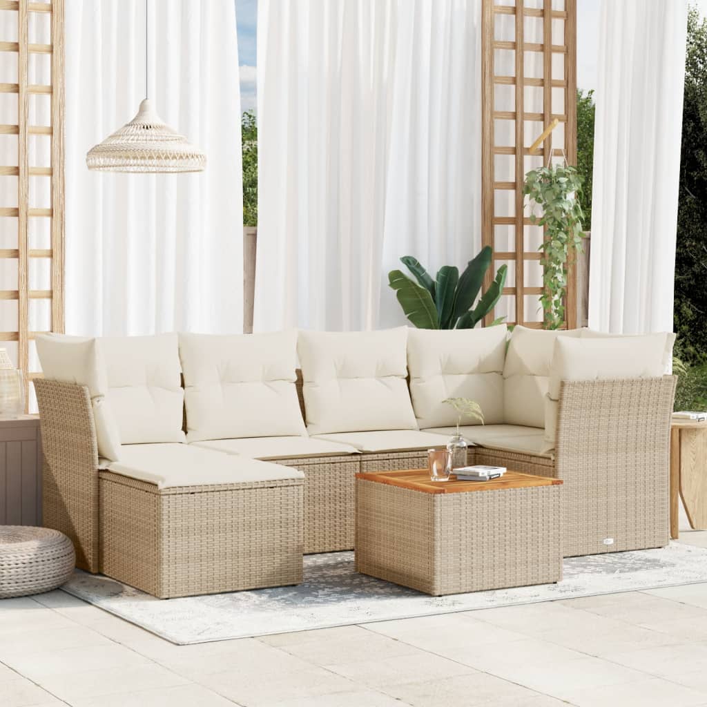 7 Pcs conjunto de sofás p/ jardim com almofadões vime PE bege