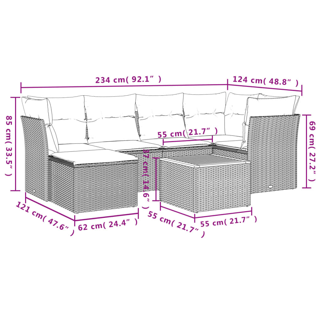 7 Pcs conjunto de sofás p/ jardim com almofadões vime PE bege