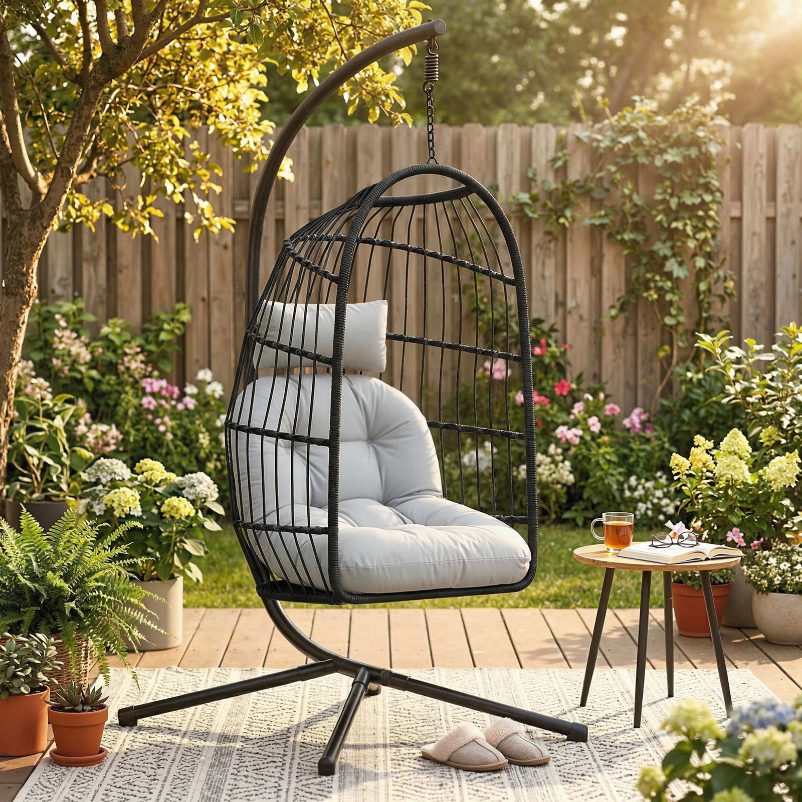 Cadeira suspensa com suporte cesto dobrável de vime almofada grossa e altura ajustável 101x105x196 cm cinza claro