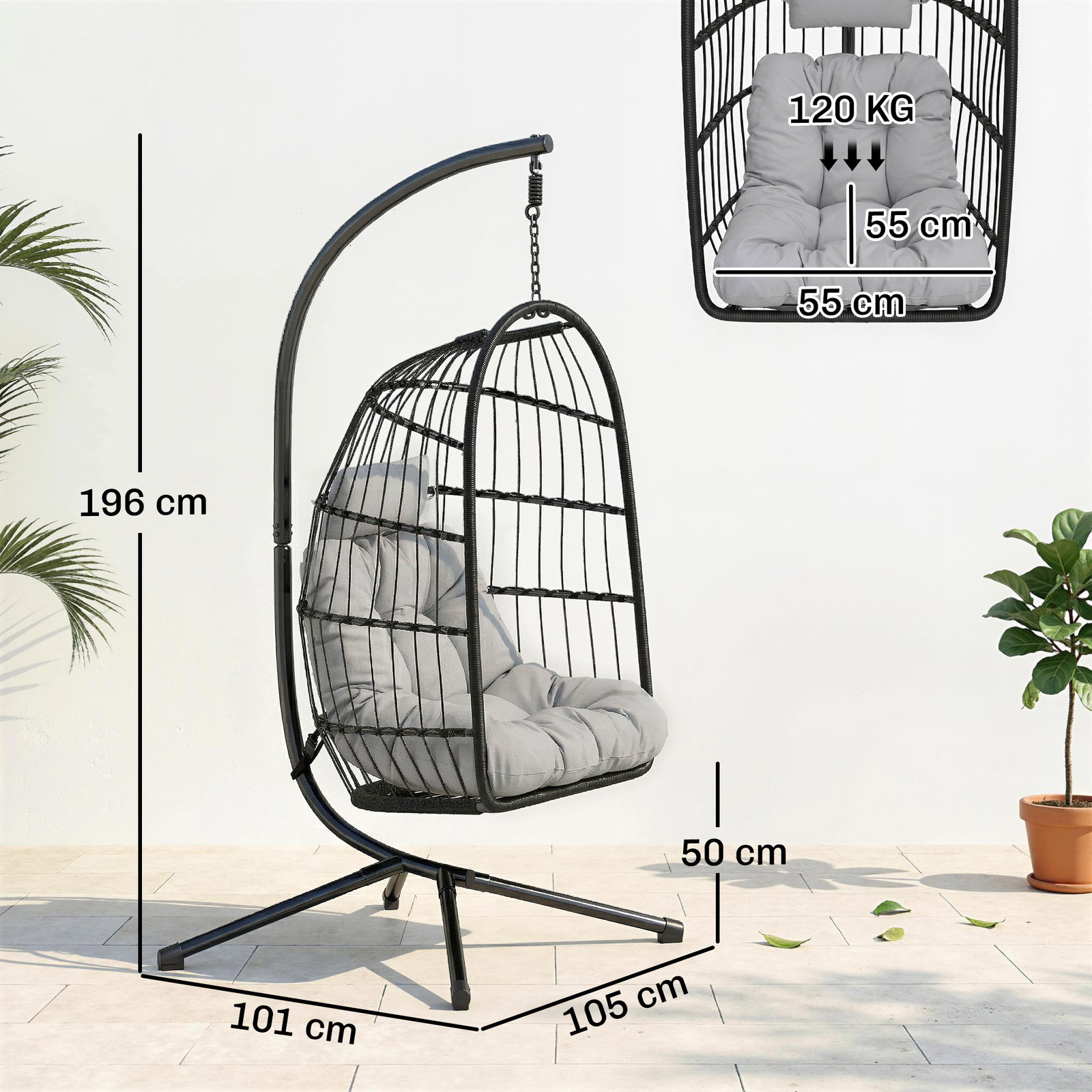 Cadeira suspensa com suporte cesto dobrável de vime almofada grossa e altura ajustável 101x105x196 cm cinza claro