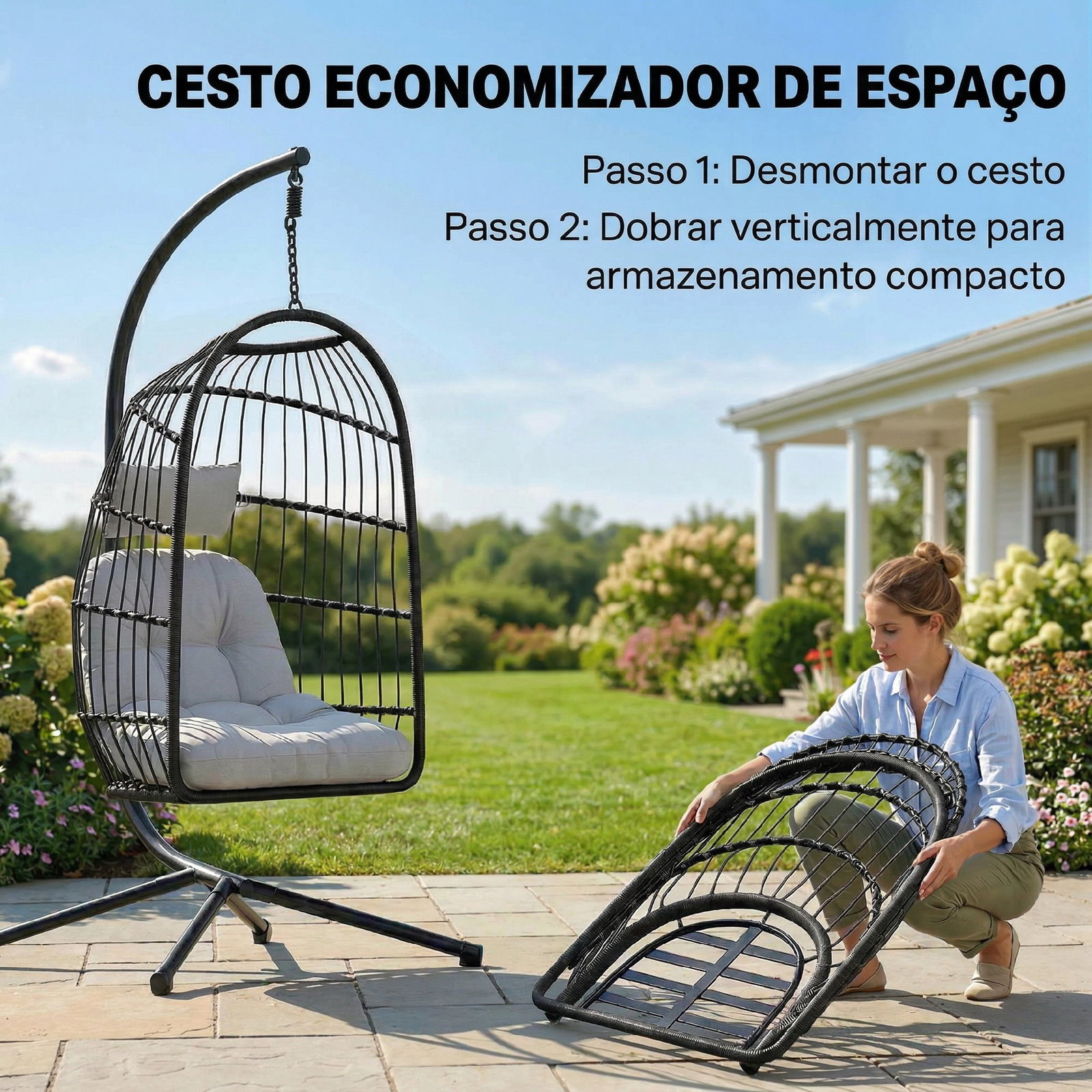 Cadeira suspensa com suporte cesto dobrável de vime almofada grossa e altura ajustável 101x105x196 cm cinza claro