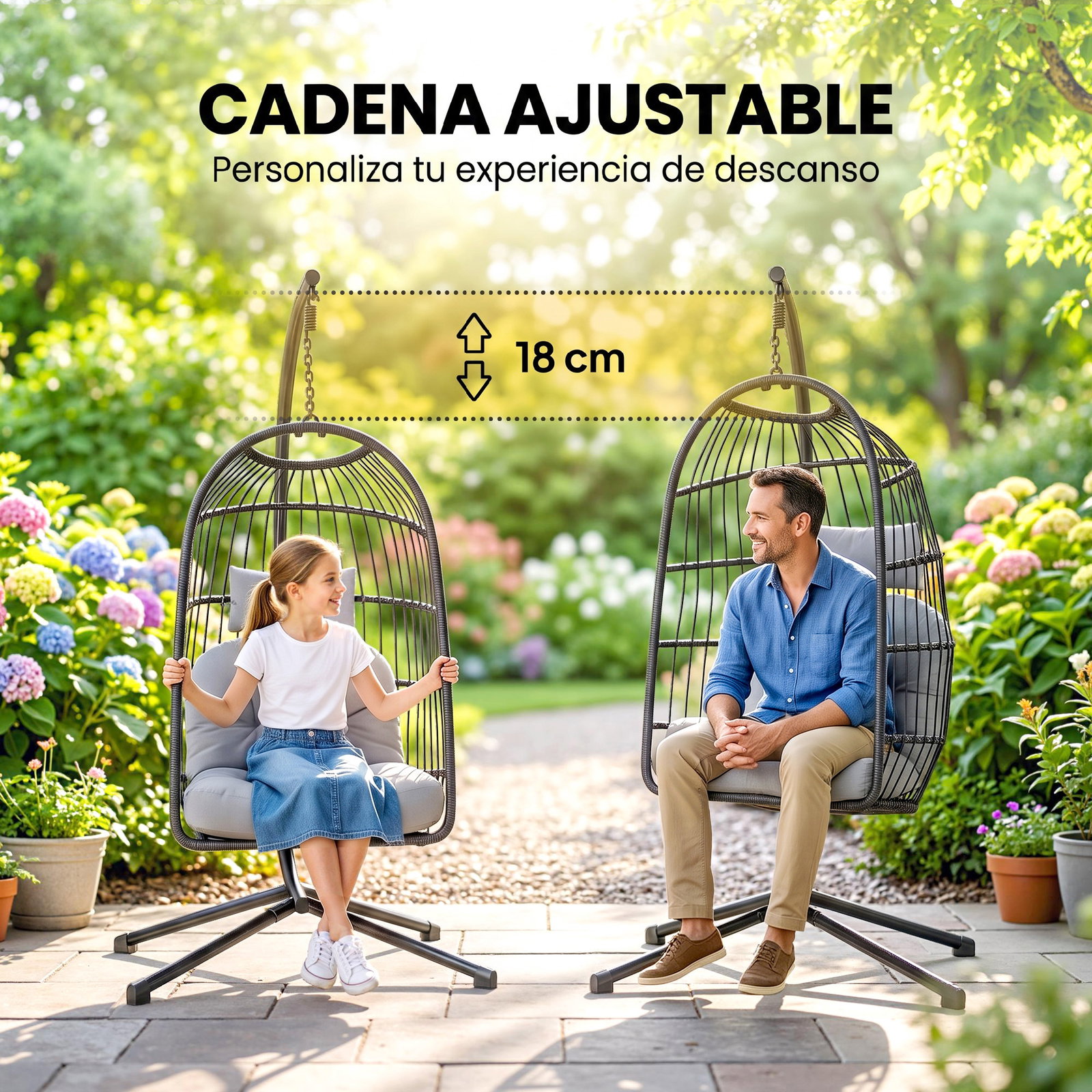 Cadeira suspensa com suporte cesto dobrável de vime almofada grossa e altura ajustável 101x105x196 cm cinza claro