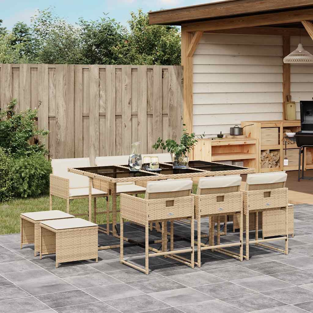 11 Pcs conjunto de jantar p/ jardim com almofadões vime PE bege