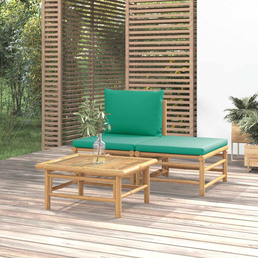 3 Pcs conjunto lounge de jardim bambu c/ almofadões verdes