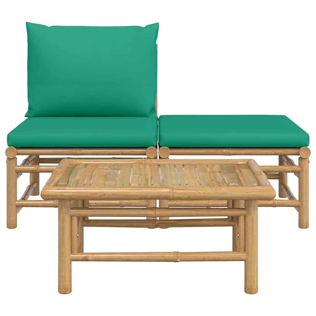 3 Pcs conjunto lounge de jardim bambu c/ almofadões verdes