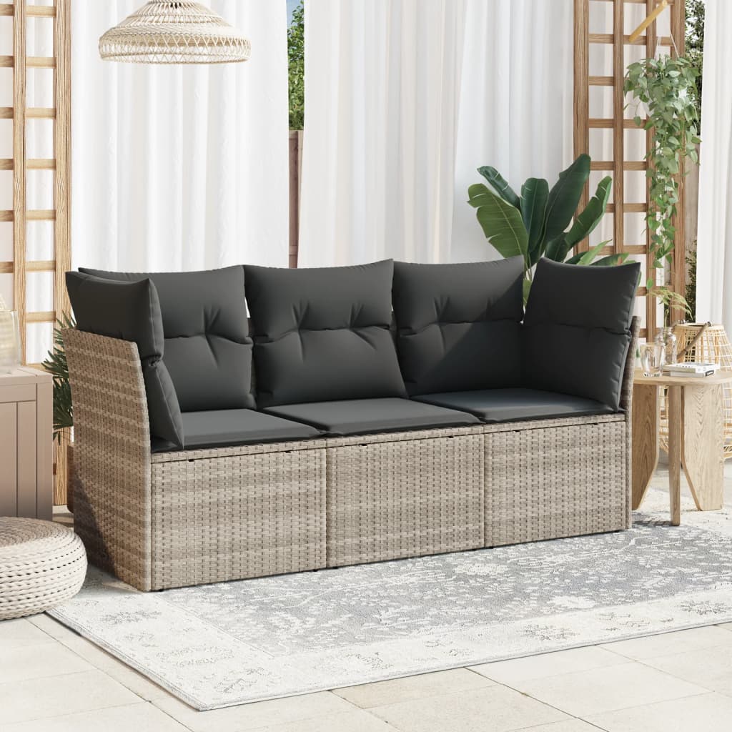 3 Pcs conj. sofás jardim c/ almofadões vime PE cinzento-claro