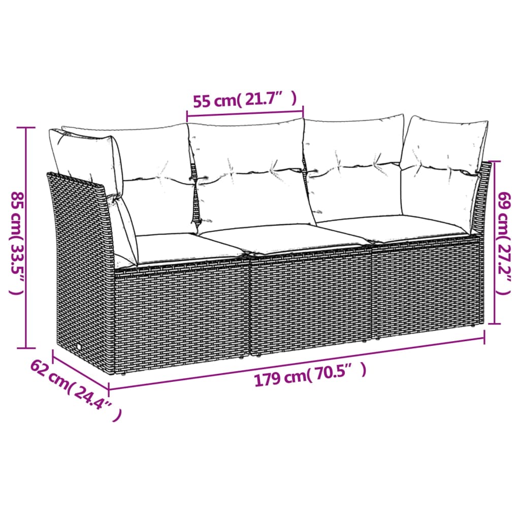 3 Pcs conj. sofás jardim c/ almofadões vime PE cinzento-claro