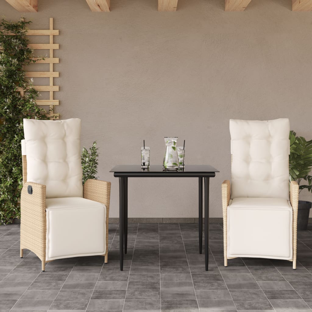 3 Pcs conjunto de jantar p/ jardim com almofadões vime PE bege