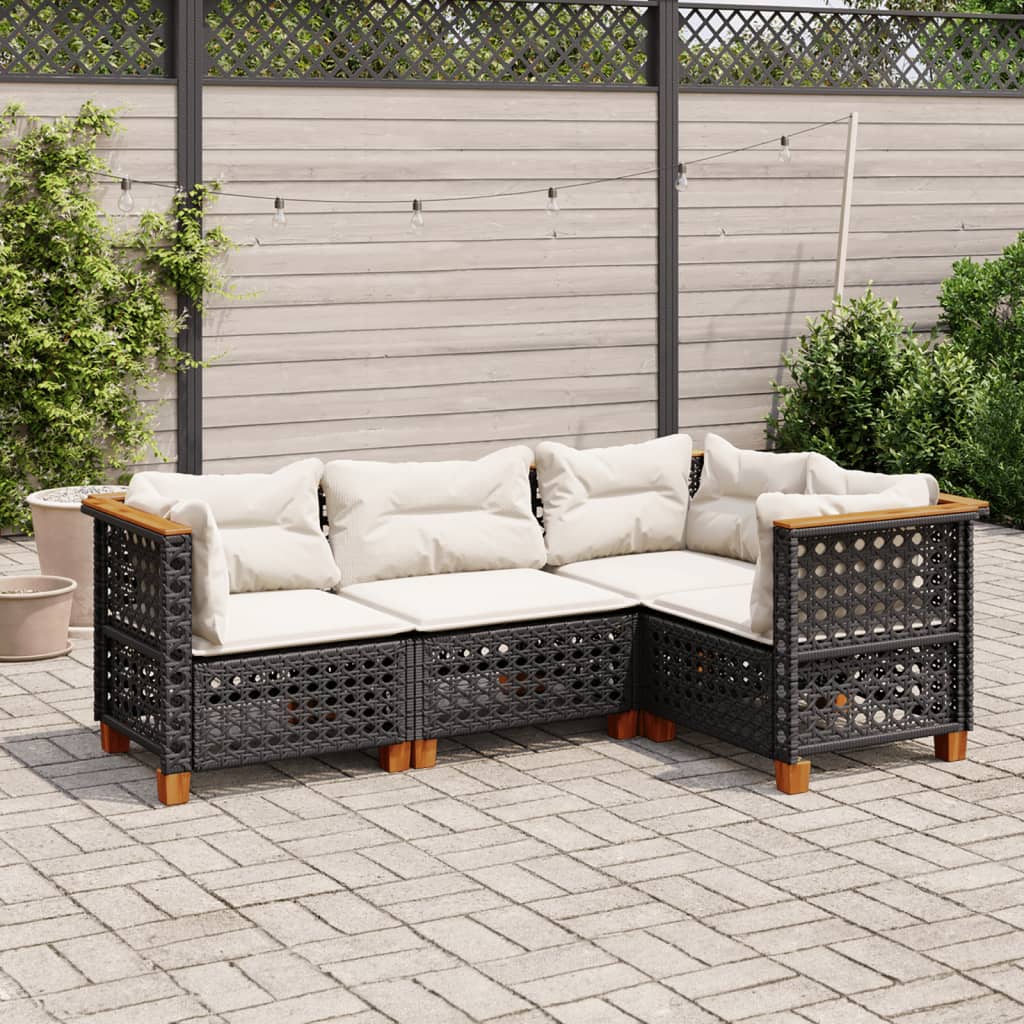 4 Pcs conjunto de sofás para jardim c/ almofadões vime PE preto