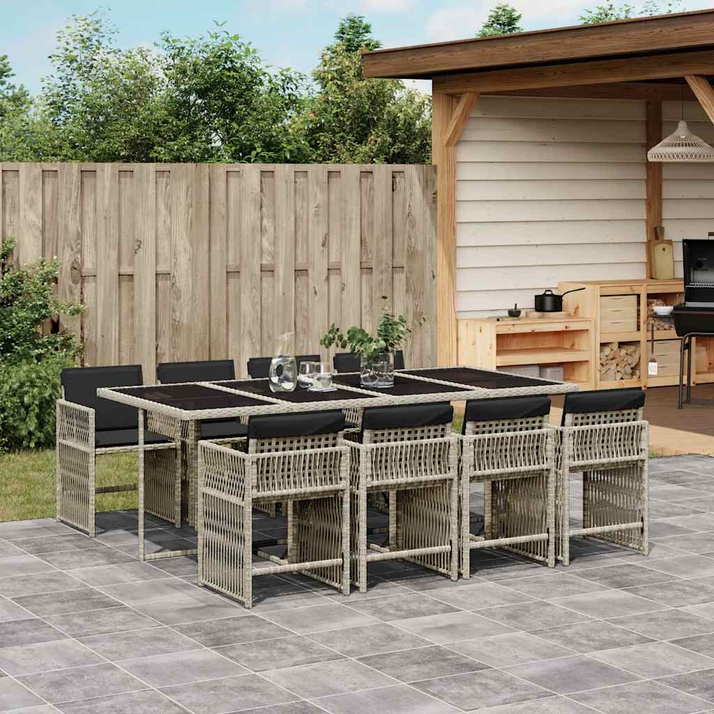 9 Pcs conjunto de jantar p/ jardim c/ almofadões cinzento claro