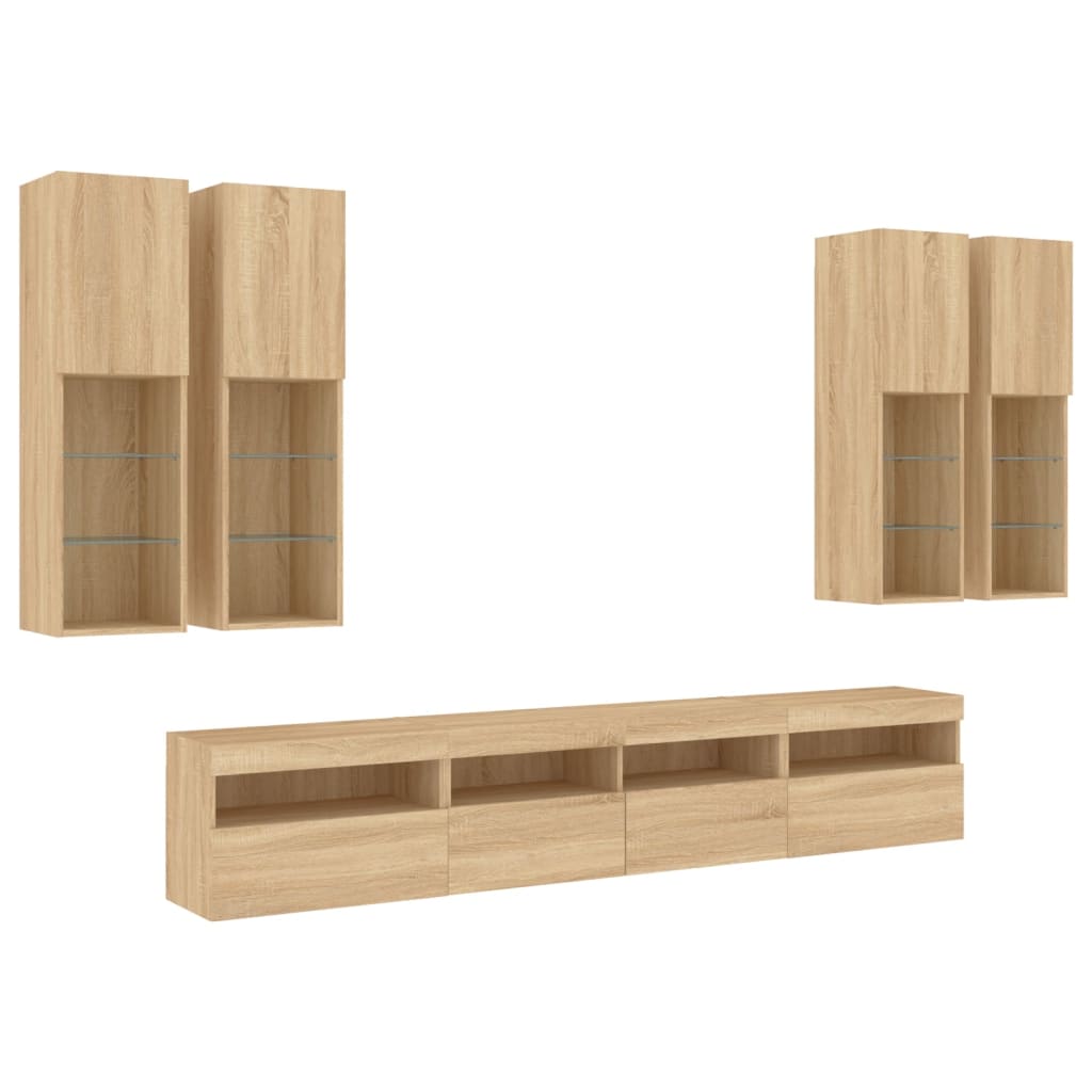 7 Pcs conj. móveis de parede p/ TV c/ luzes LED carvalho sonoma