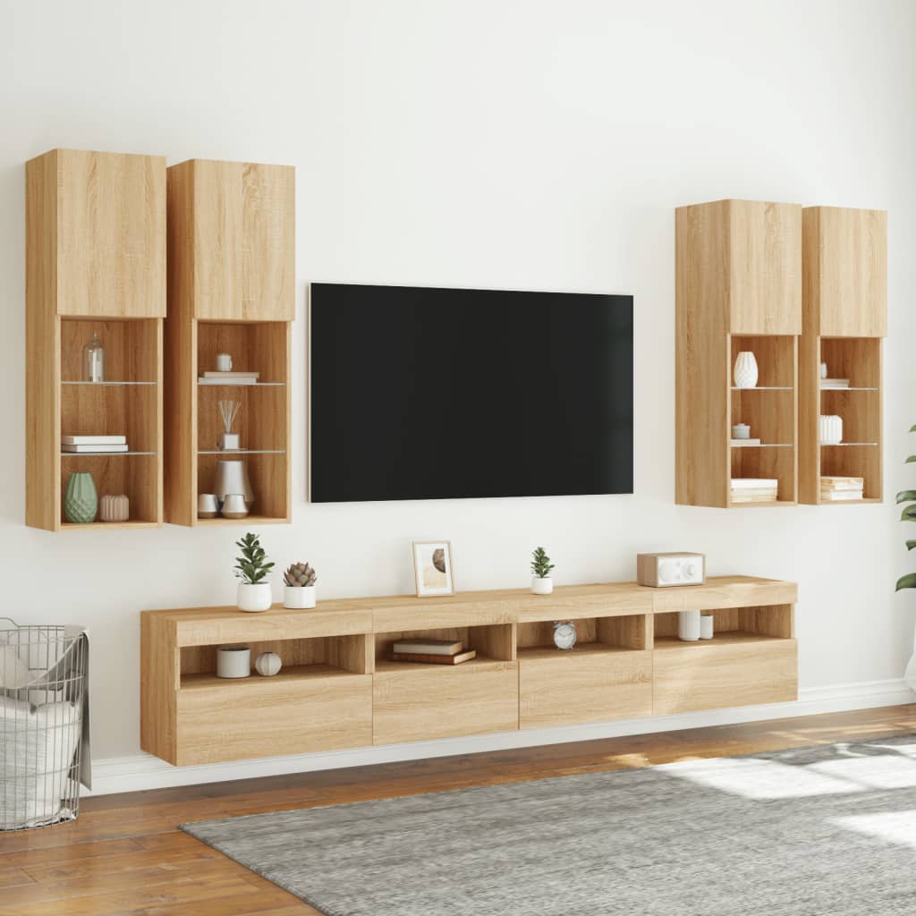 7 Pcs conj. móveis de parede p/ TV c/ luzes LED carvalho sonoma