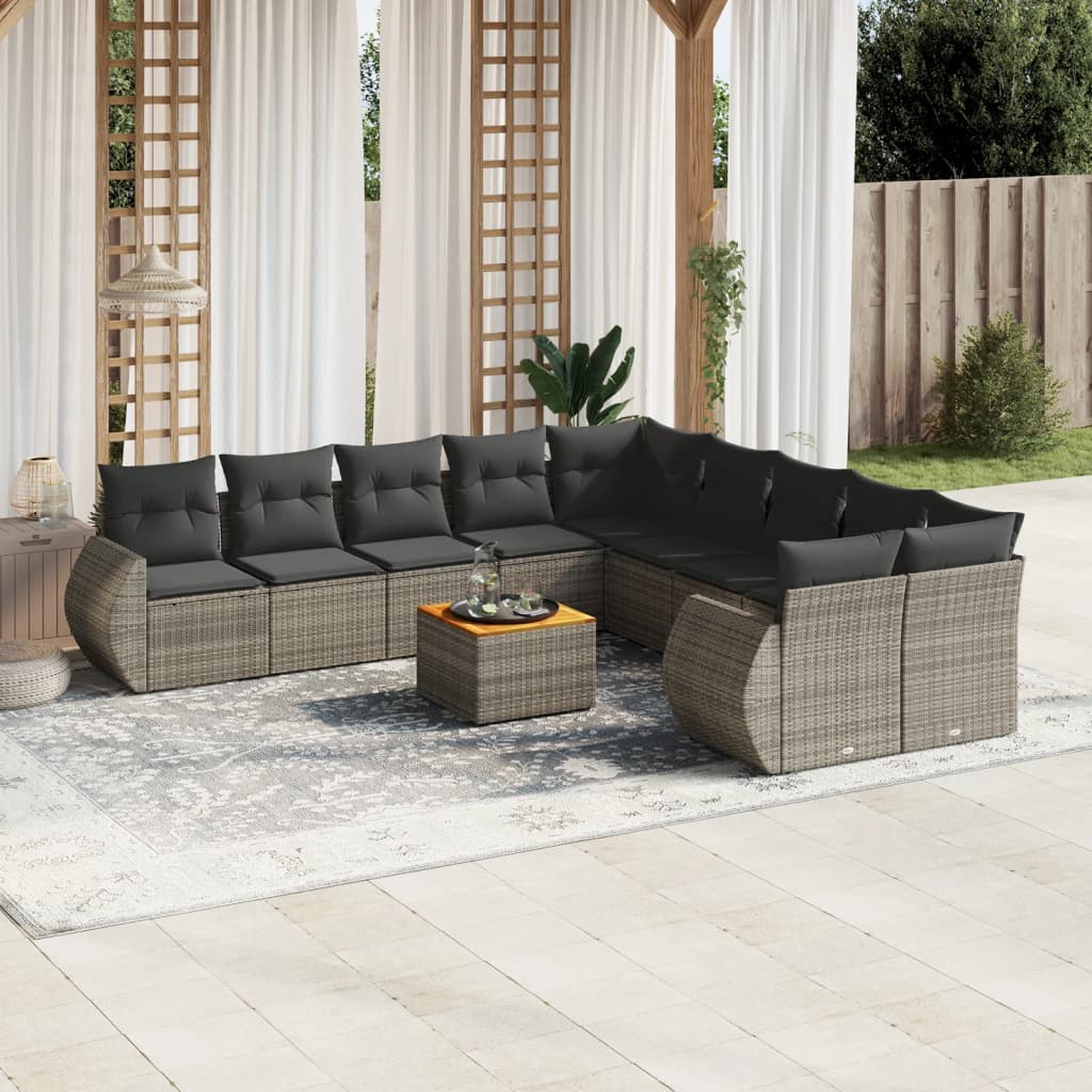 11 Pcs conjunto sofás de jardim c/ almofadões vime PE cinzento