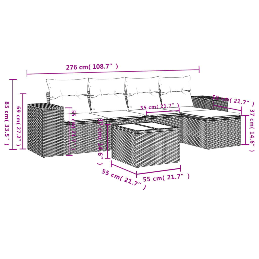 6 Pcs conjunto sofás de jardim c/ almofadões vime PE preto