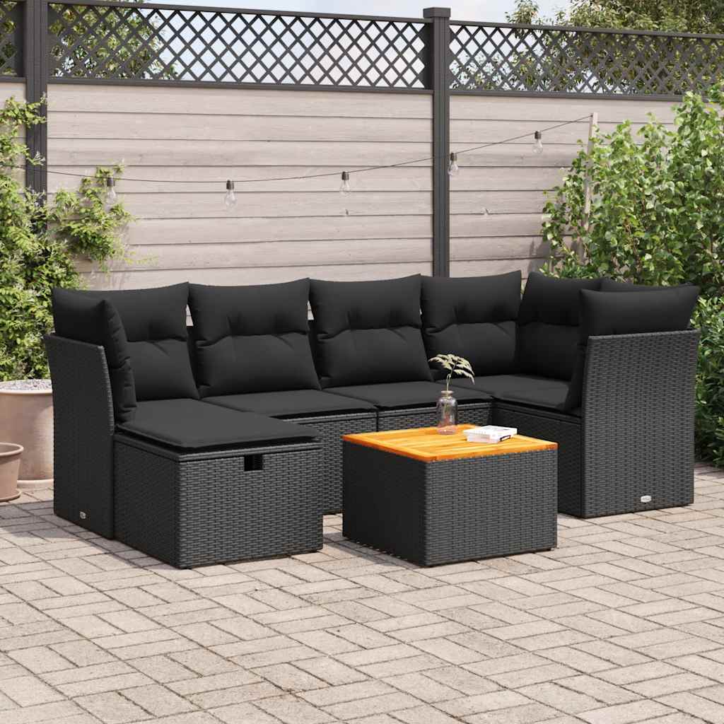 7 Pcs conjunto de sofás p/ jardim c/ almofadões vime PE preto