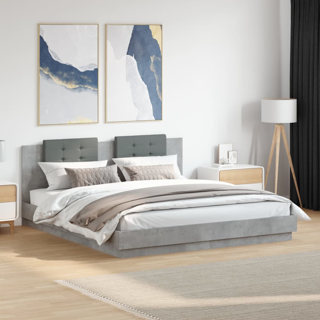 Estrutura cama c/ cabeceira/luzes LED 180x200 cm cinza cimento