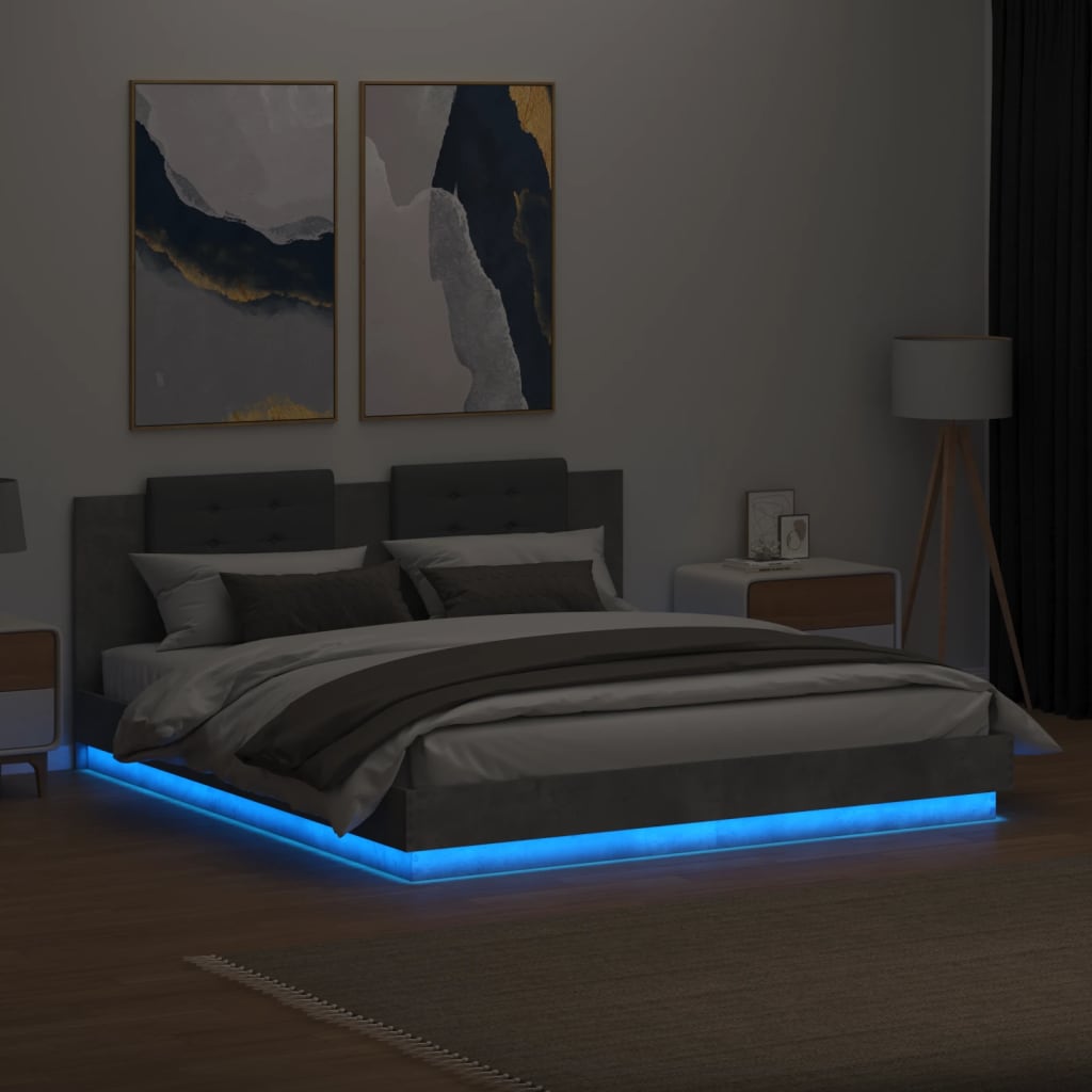 Estrutura cama c/ cabeceira/luzes LED 180x200 cm cinza cimento