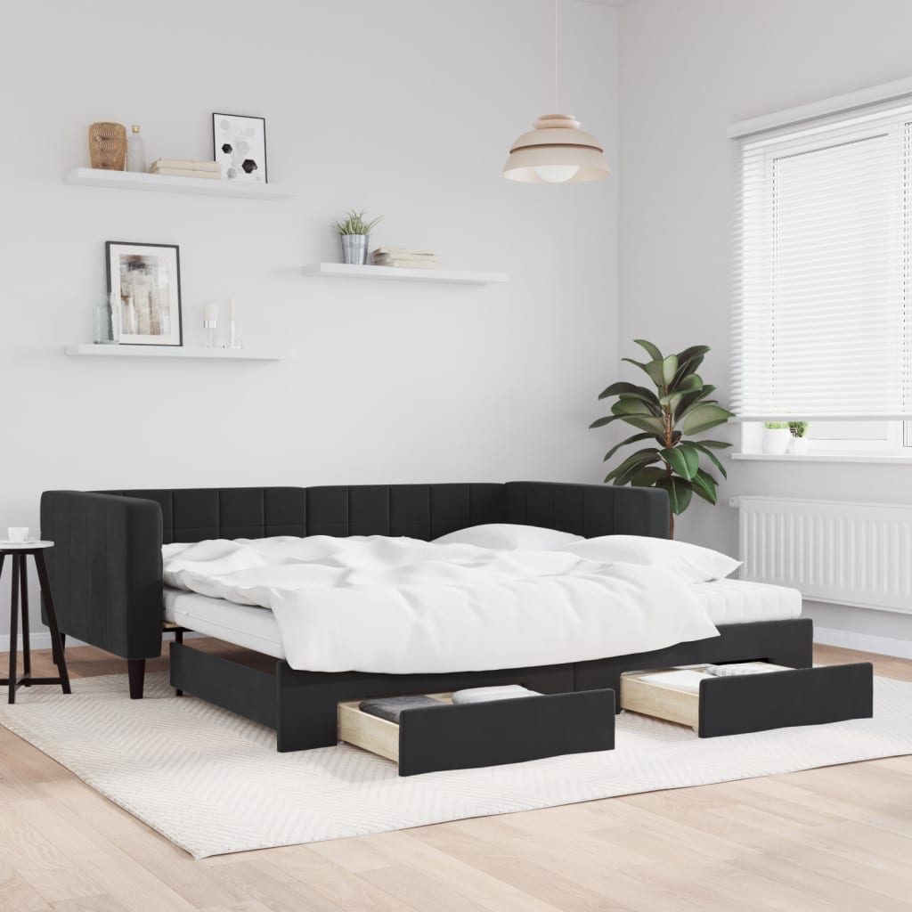 Sofá-cama com gavetão e gavetas 100x200 cm veludo preto