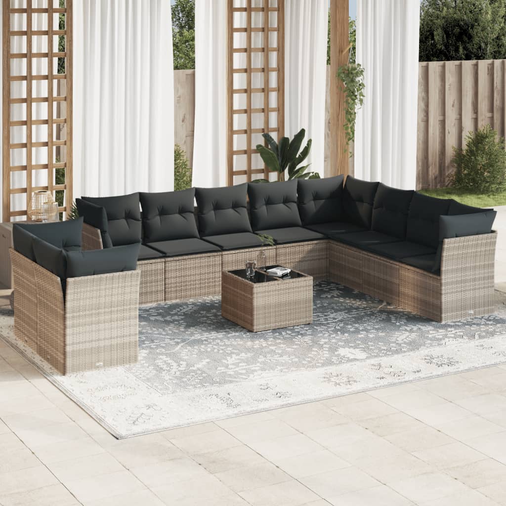 11 Pcs conjunto sofás de jardim c/ almofadões vime PE cinzento