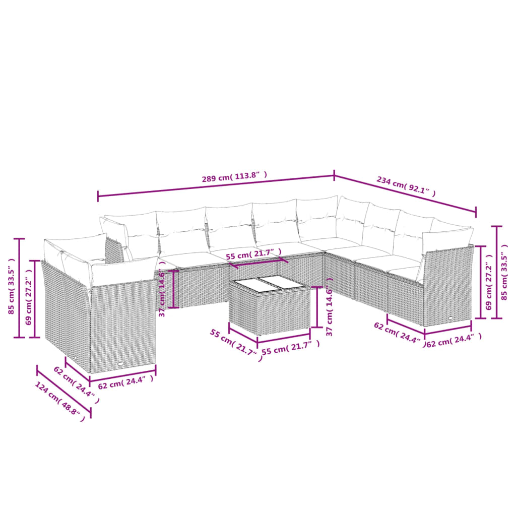 11 Pcs conjunto sofás de jardim c/ almofadões vime PE cinzento