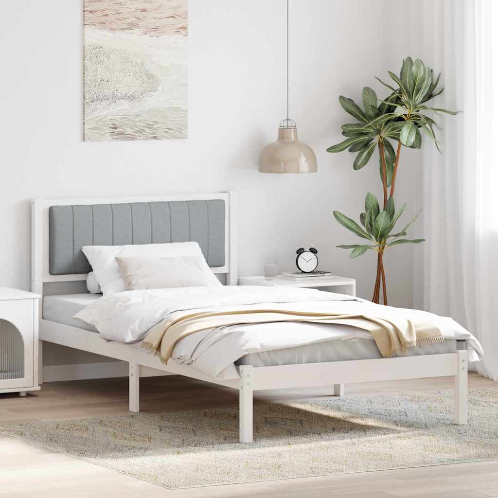 Estrutura de cama com cabeceira estofada cinzento-claro