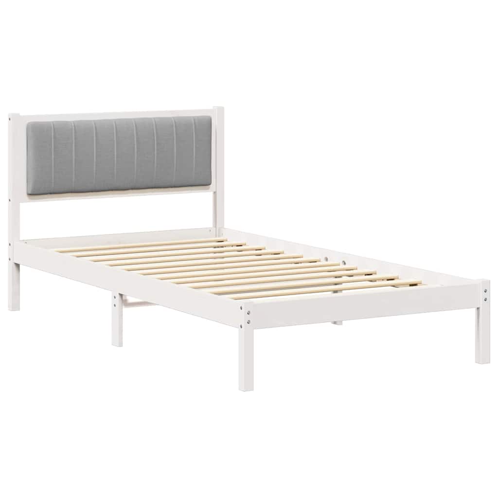 Estrutura de cama com cabeceira estofada cinzento-claro