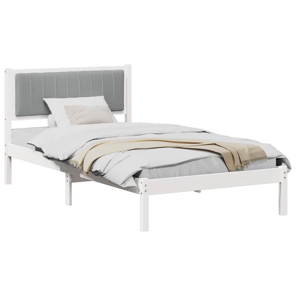 Estrutura de cama com cabeceira estofada cinzento-claro