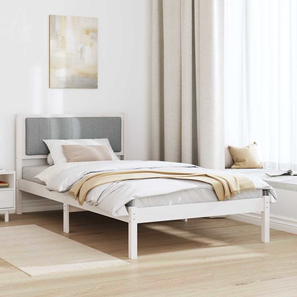 Estrutura de cama com cabeceira estofada cinzento-claro