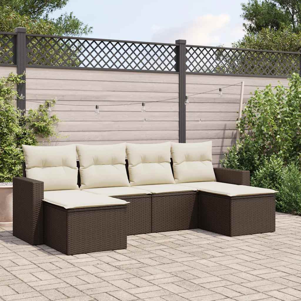 6 Pcs conjunto de sofás jardim c/ almofadões vime PE castanho