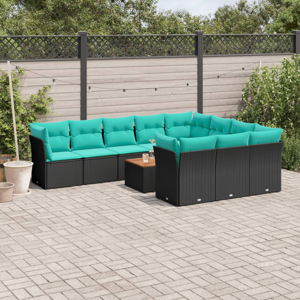 11 Pcs conjunto sofás de jardim c/ almofadões vime PE preto
