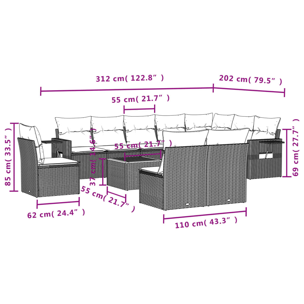 11 Pcs conjunto sofás de jardim c/ almofadões vime PE cinzento