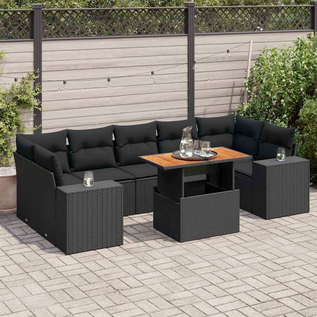 8 Pcs conjunto sofás de jardim com almofadões vime PE preto