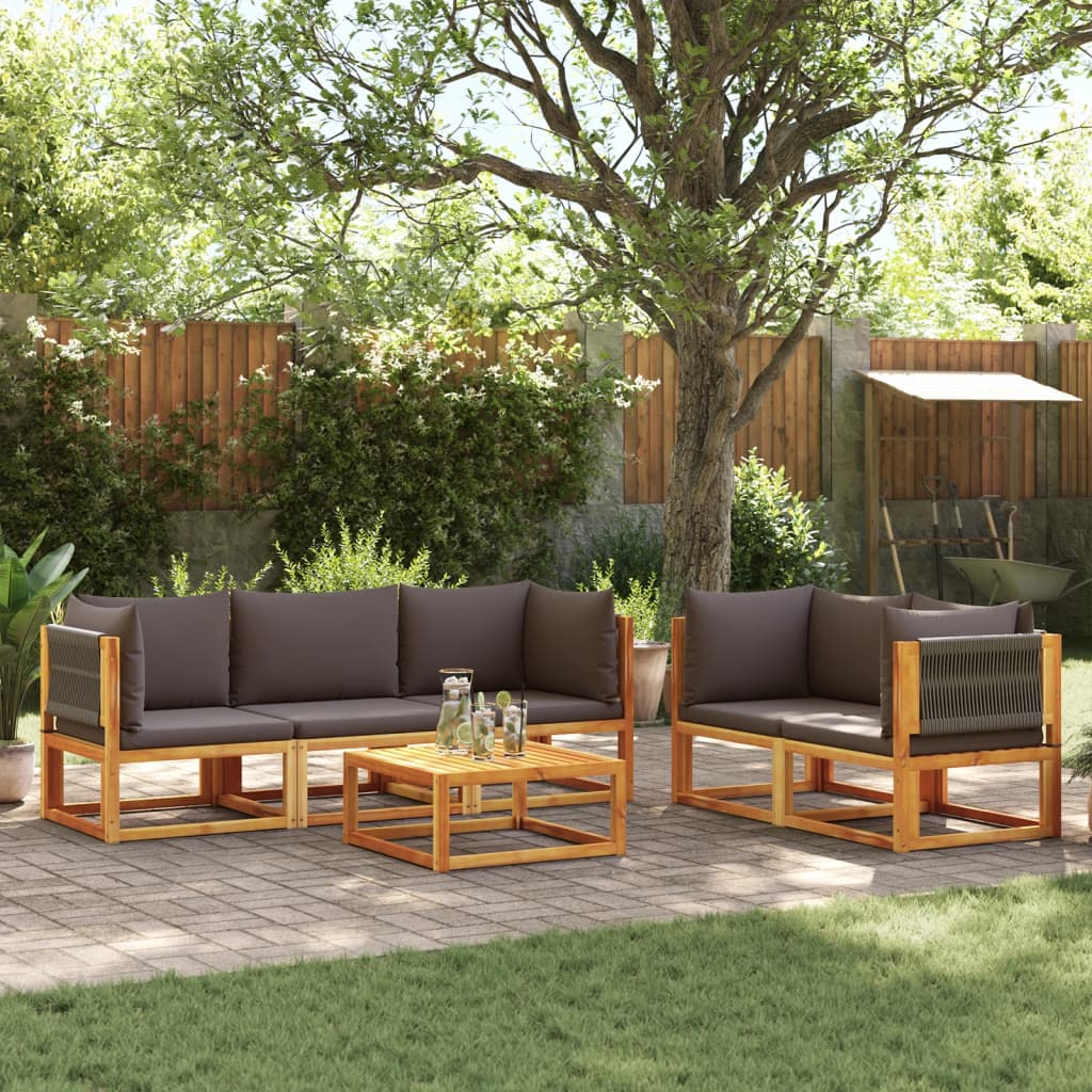 Conjunto de sofás de jardim de 6 peças com almofadas de madeira de acácia e corda