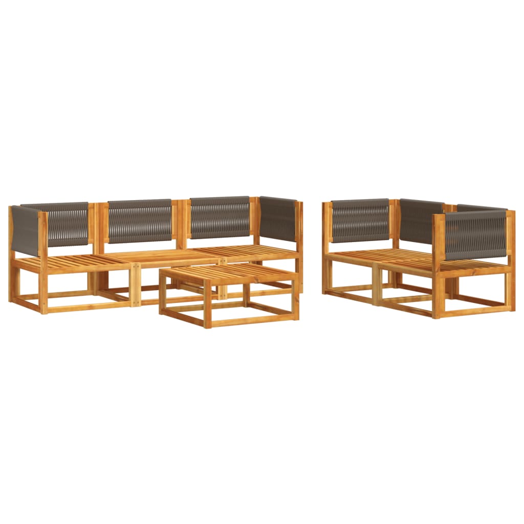 Conjunto de sofás de jardim de 6 peças com almofadas de madeira de acácia e corda