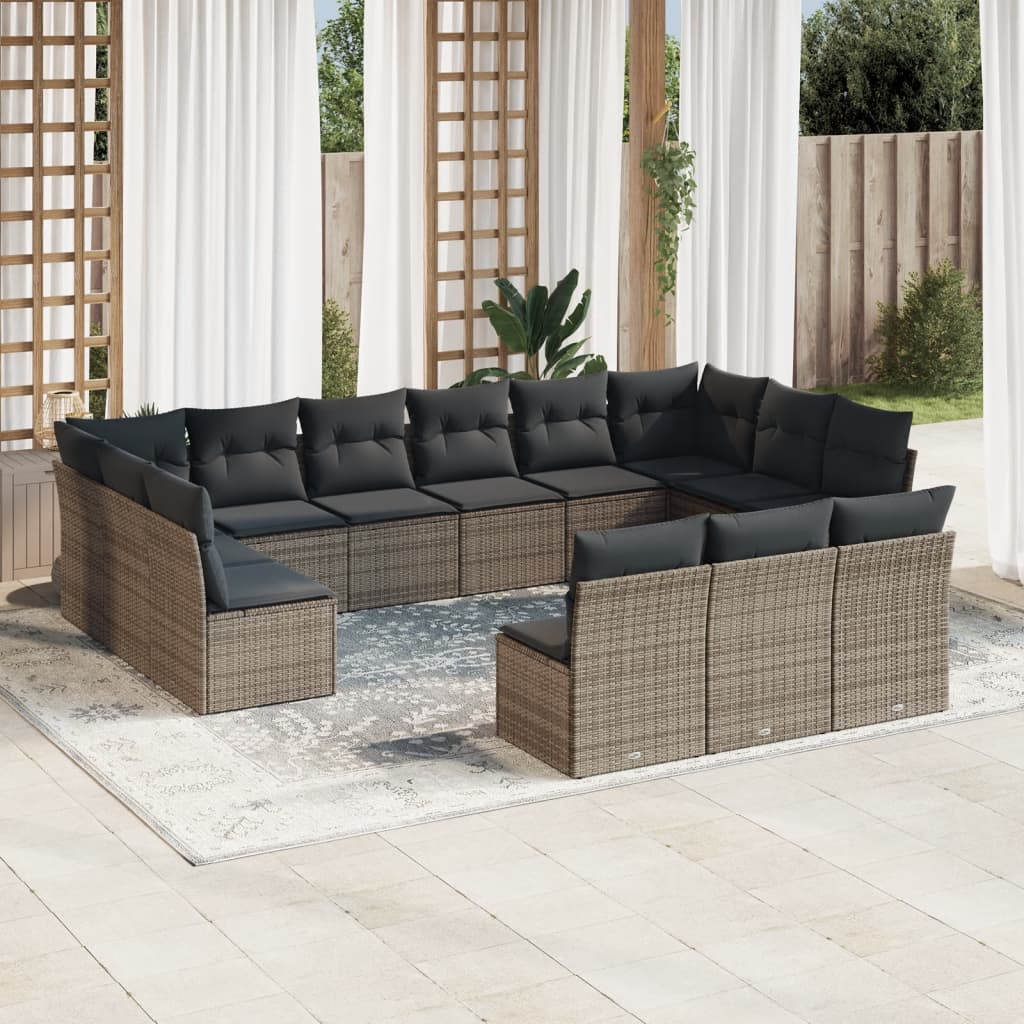 13 Pcs conjunto sofás p/ jardim c/ almofadões vime PE cinzento