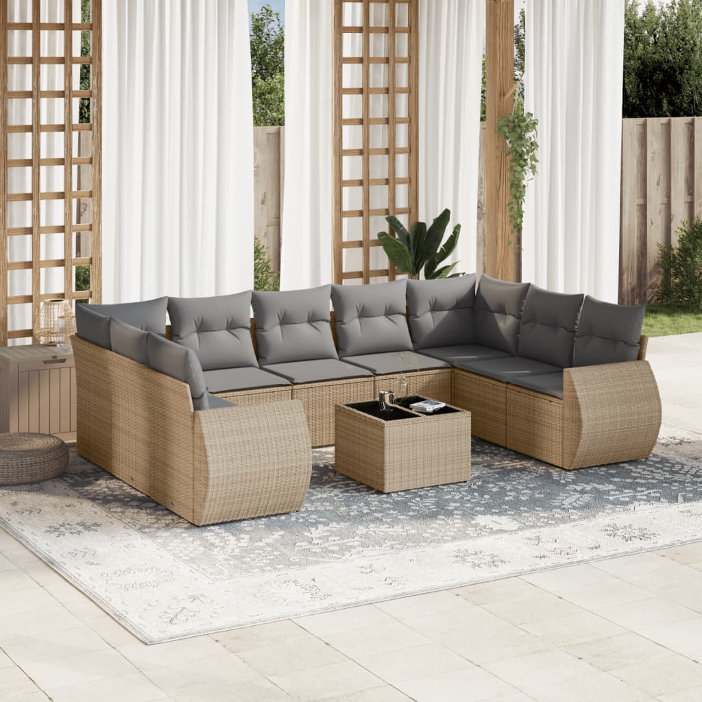 10 Pcs conjunto de sofás p/ jardim com almofadões vime PE bege