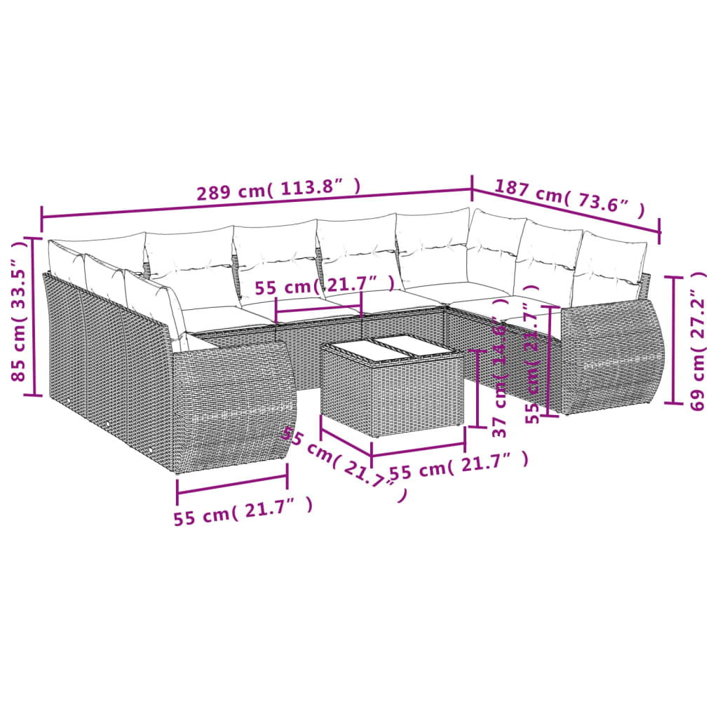 10 Pcs conjunto de sofás p/ jardim com almofadões vime PE bege