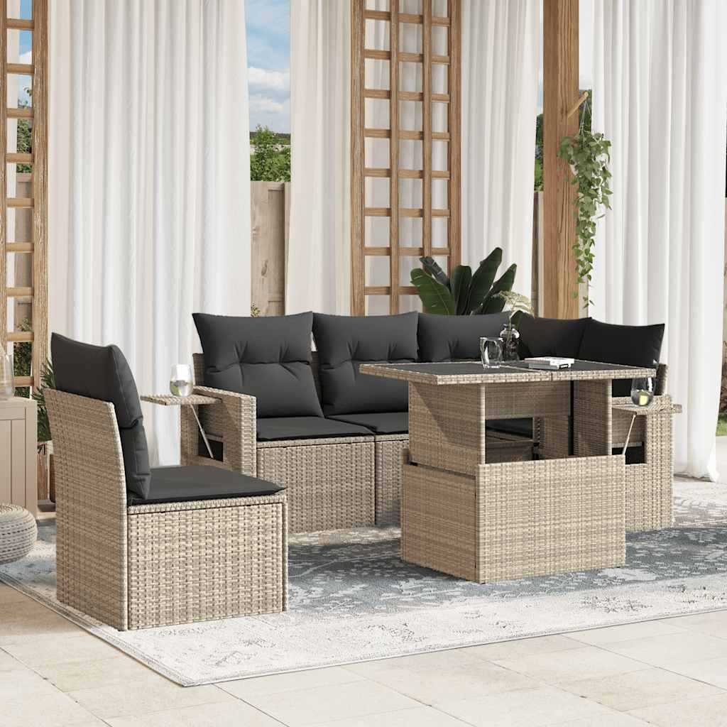 6 Pcs conj. sofás jardim com almofadões vime PE cinzento-claro