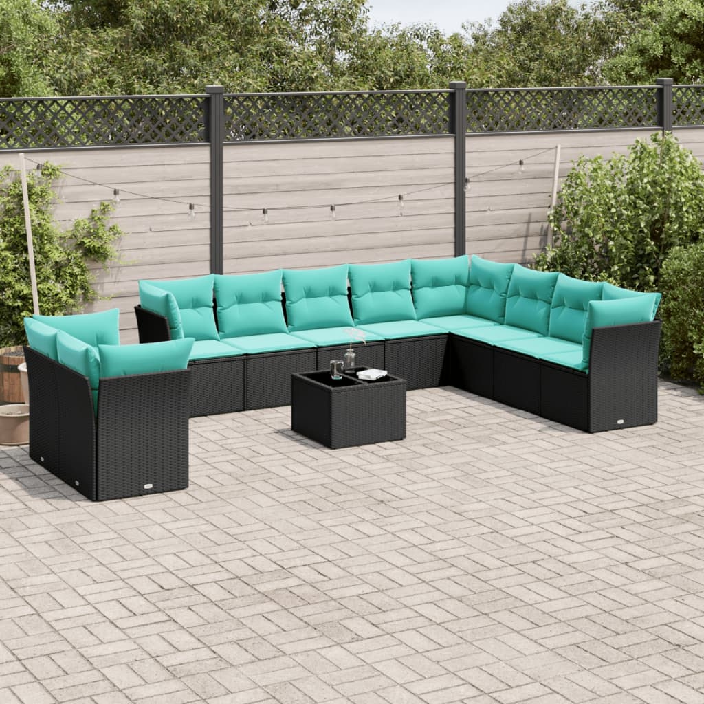 Conjunto de sofá de jardim com 11 peças e almofadas em rattan sintético preto