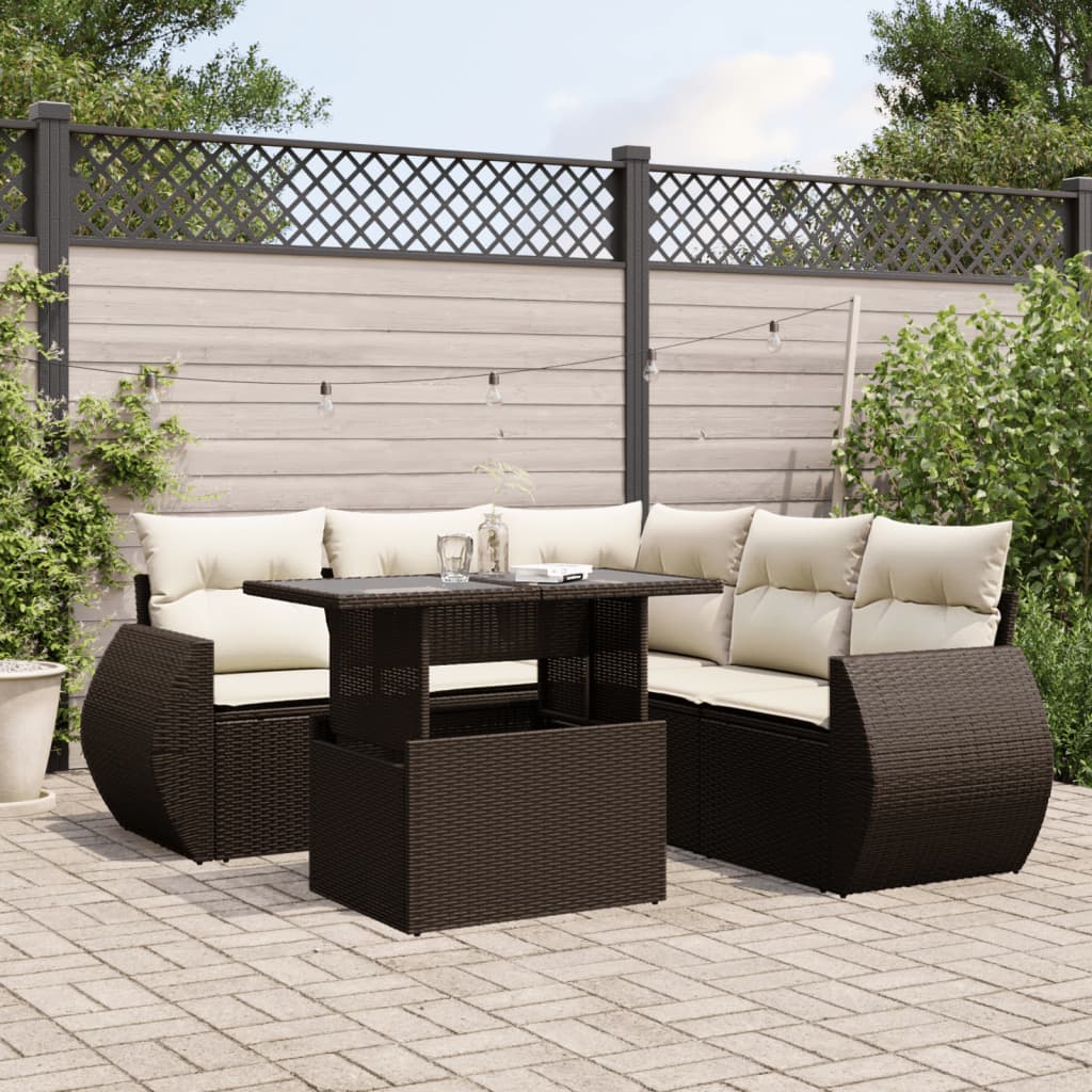 6 Pcs conjunto de sofás jardim c/ almofadões vime PE castanho