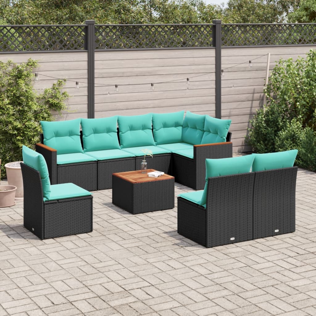 Conjunto de sofá de jardim de 9 peças com almofadas em rattan sintético preto