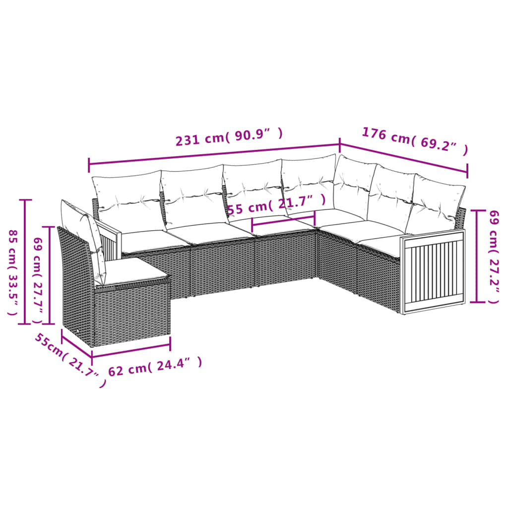 6 Pcs conjunto sofás de jardim com almofadões vime cinzento