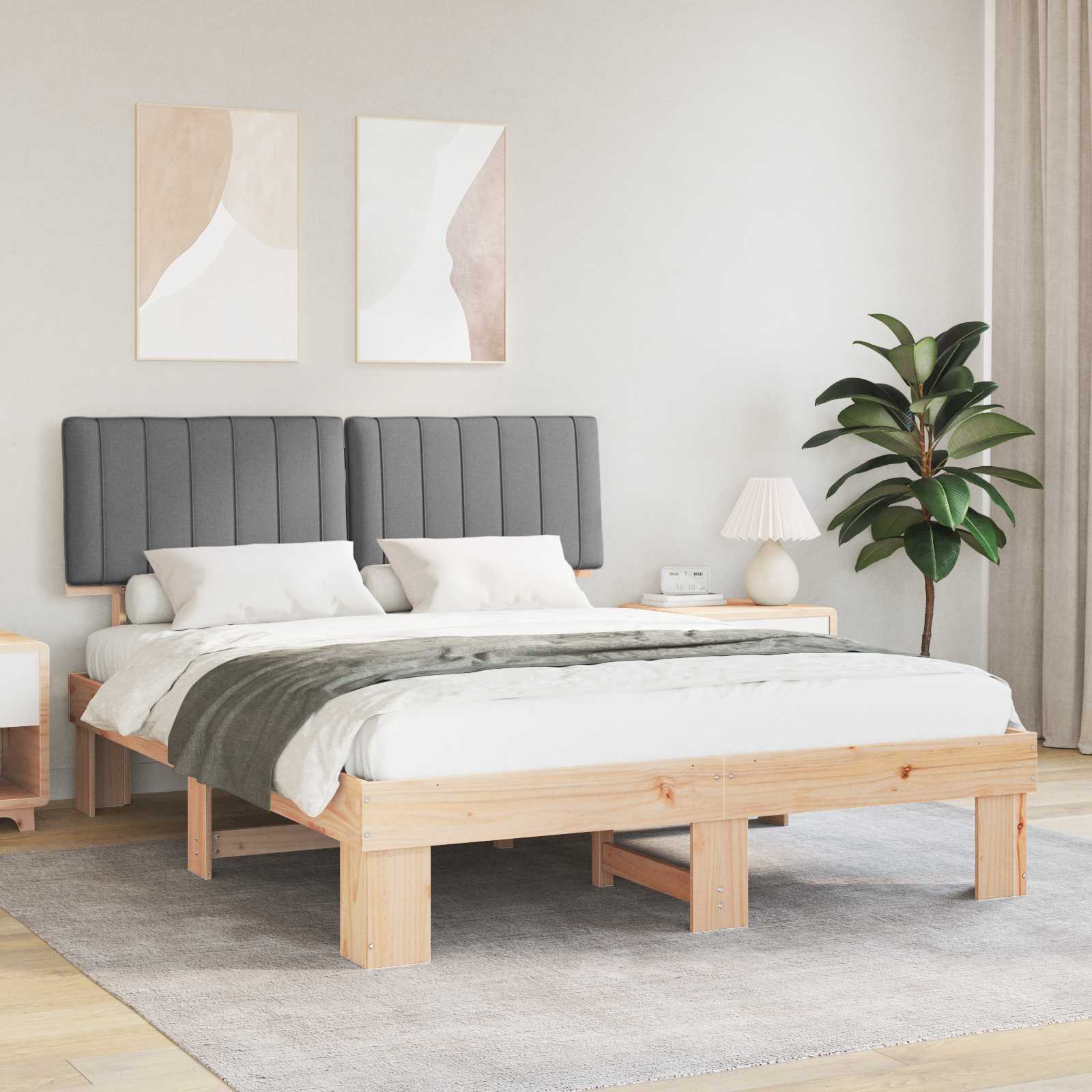 Estrutura de cama com cabeceira estofada cinzento-claro